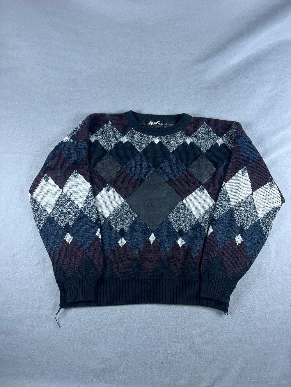Vintage Impact Sweater Mens XL Blue Gray Brown Argyle Diamond Knit Leather Trim